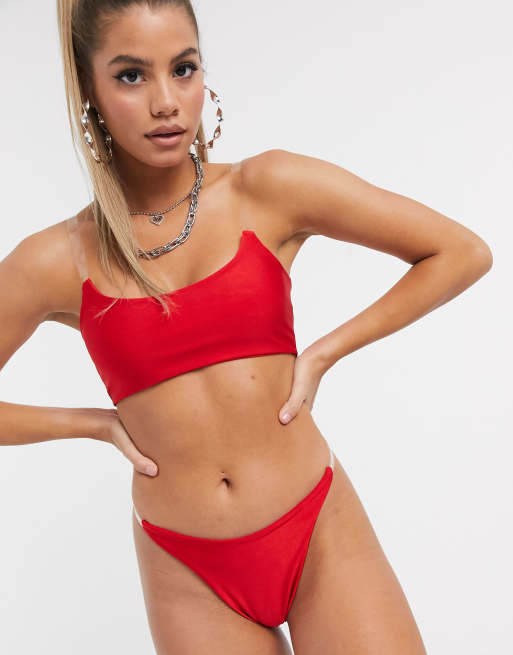 Top de bikini corto con tirantes transparentes en rojo de Public Desire, 4 de 4