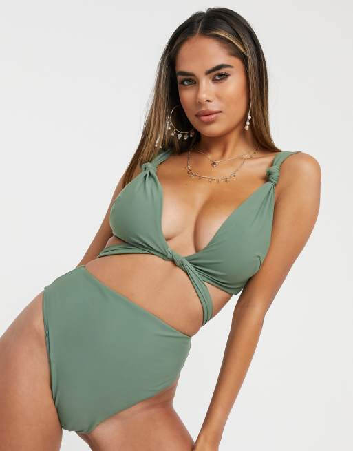 Top de bikini de copas grandes con nudo en el vértice en verde caqui exclusivo de ASOS DESIGN , 4 de 4