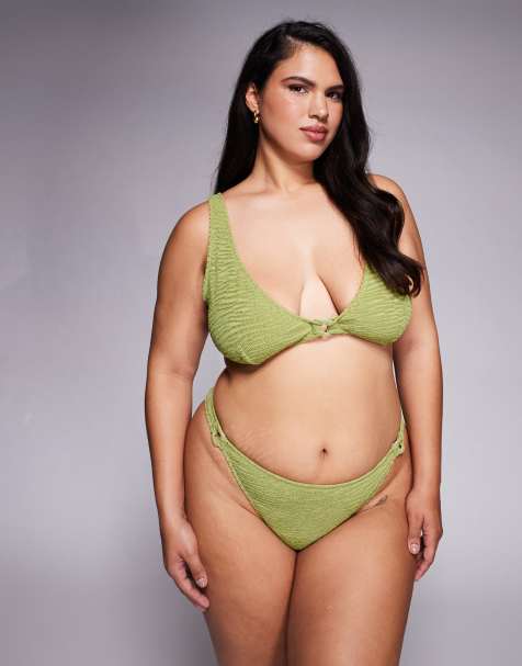 Top de bikini de copas grandes verde lima estilo top corto con detalle de eslabón de tejido texturizado Laurie de ASOS DESIGN Curve - view 1