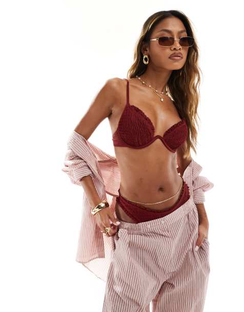 Top de bikini granate con aros y volantes de tejido rugoso de South Beach - view 1