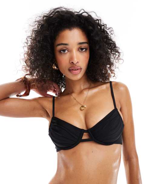 Top de bikini negro con copas y detalle de tiras Mix & Match de Miss Selfridge - view 1