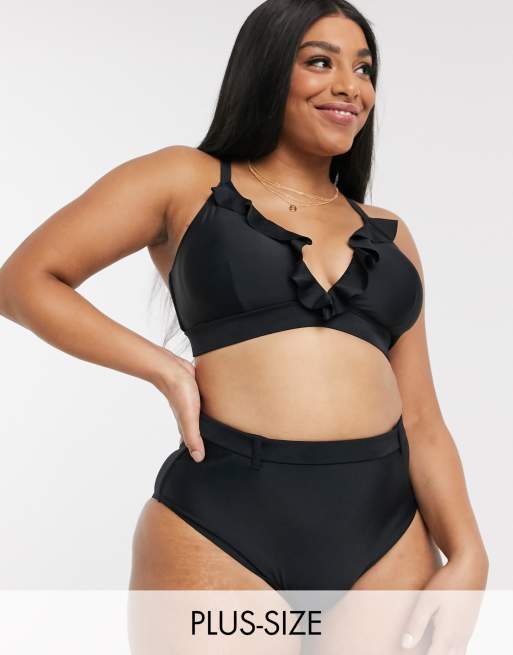 Top de bikini negro con ribete de volante de Simply Be