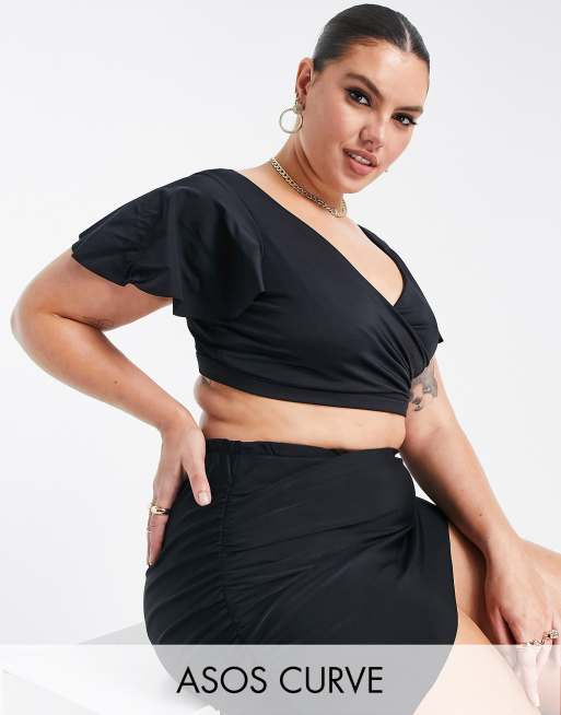 Top de bikini negro cruzado con mangas acampanadas de Mix & Match de ASOS DESIGN Curve  