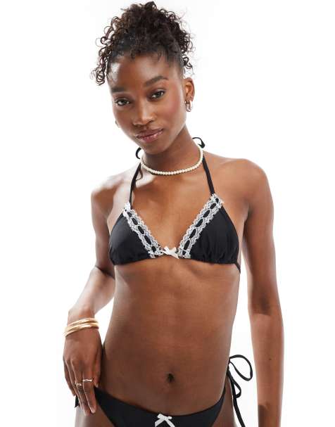 Top de bikini negro de estilo lencero con detalle de lazo y encaje de COLLUSION (parte de un conjunto) - view 1