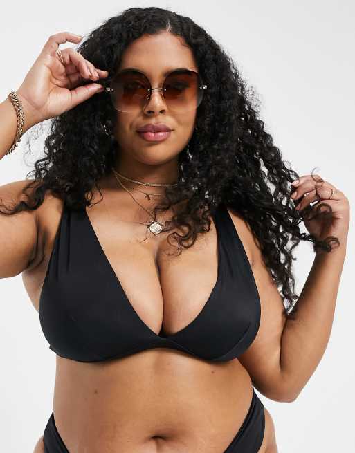 Top de bikini negro escotado con banda inferior ancha Mix Match