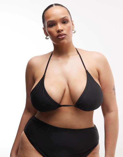Top de bikini negro triangular con lazada delantera de COLLUSION Plus, 4 de 4