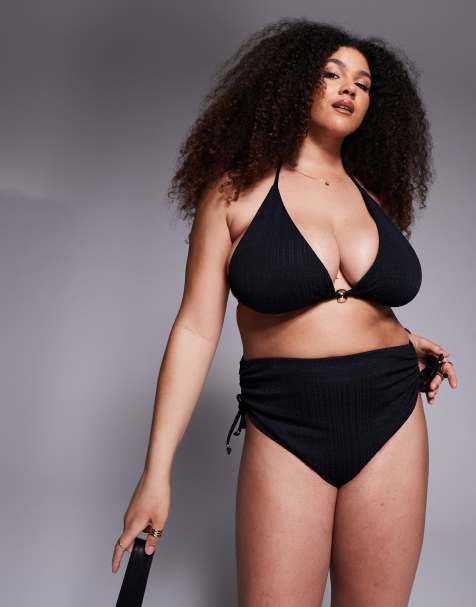 Top de bikini negro triangular de copas altas con cuentas doradas de ASOS DESIGN Curve - view 1