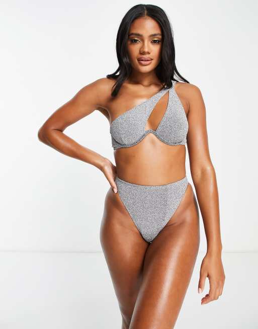 Top de bikini plateado metalizado asimétrico con aros Mix & Match de South Beach, 4 de 4