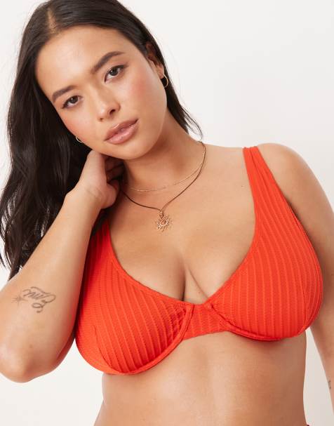 Top de bikini rojo con aros de canalé Riddy de ASOS DESIGN Curve - view 1