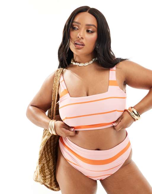 Top de bikini rosa a rayas naranjas estilo top corto Mia de ASOS DESIGN Curve