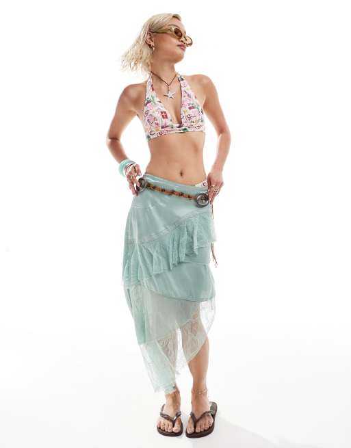 Top de bikini rosa con estampado de motivos wéstern y cuello halter de Reclaimed Vintage