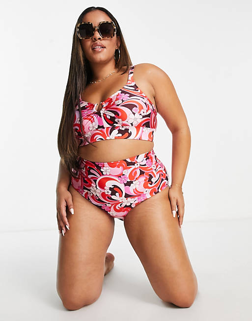 federación Gallo Desaparecer Top de bikini rosa con estampado de remolinos retro de New Look Curve | ASOS
