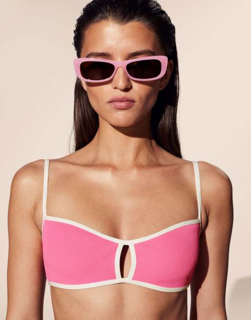 Top de bikini rosa estilo palabra de honor con ribetes en contraste de canalé de & Other Stories , 2 de 4