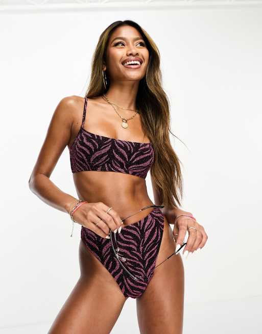 Top de bikini rosa tipo top corto con estampado de cebra de purpurina de South Beach ASOS