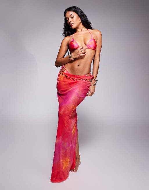 Top de bikini rosa triangular con estampado abstracto de South Beach