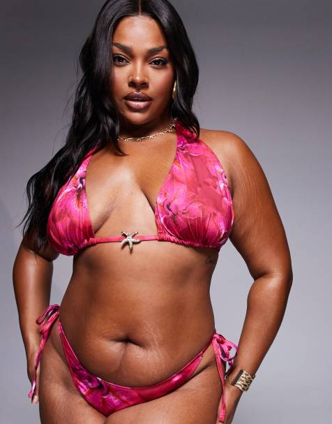 Top de bikini rosa triangular con estampado floral Rio de ASOS DESIGN Curve - view 1