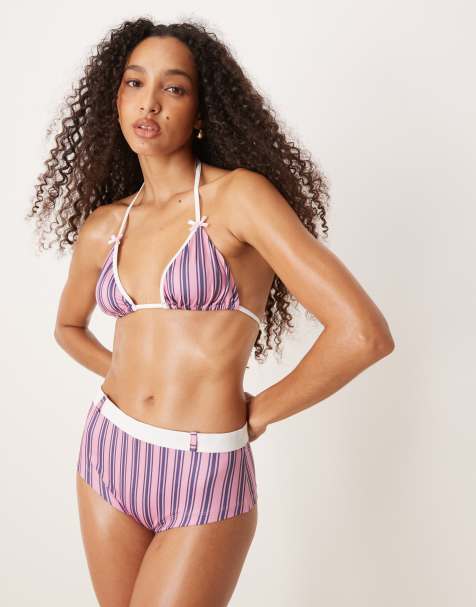Top de bikini rosa triangular con raya diplomática y detalles en contraste Daisy de ASOS DESIGN - view 1