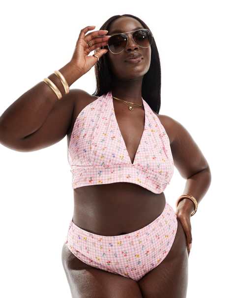 Top de bikini triangular de copas altas con cuello halter y estampado de flores y cuadros vichy Angie de ASOS DESIGN Curve - view 1