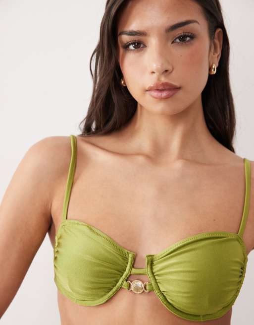Top de bikini verde oliva con aros de Candypants, 5 de 8