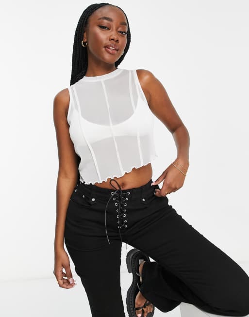 Top de copas grandes blanco sin mangas con detalle de costuras de malla de ASOS DESIGN - WHITE, 3 de 4