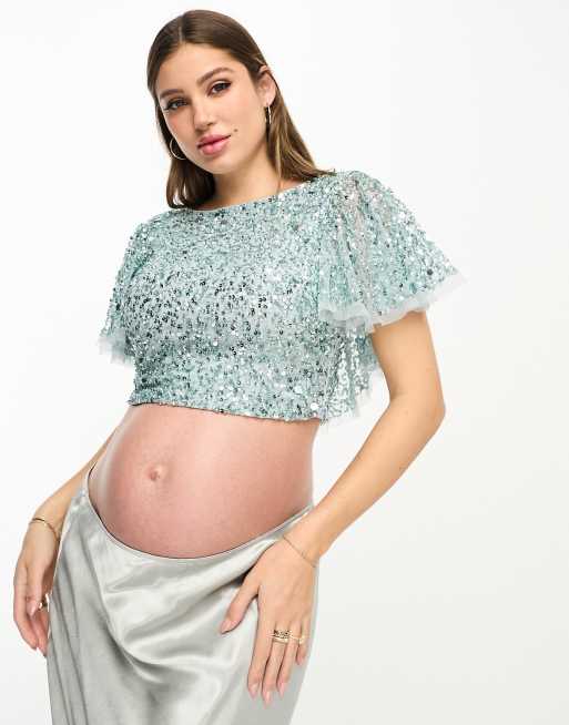 Top de dama de honor azul hielo adornado con espalda acampanada de Beauut Maternity, 4 de 4