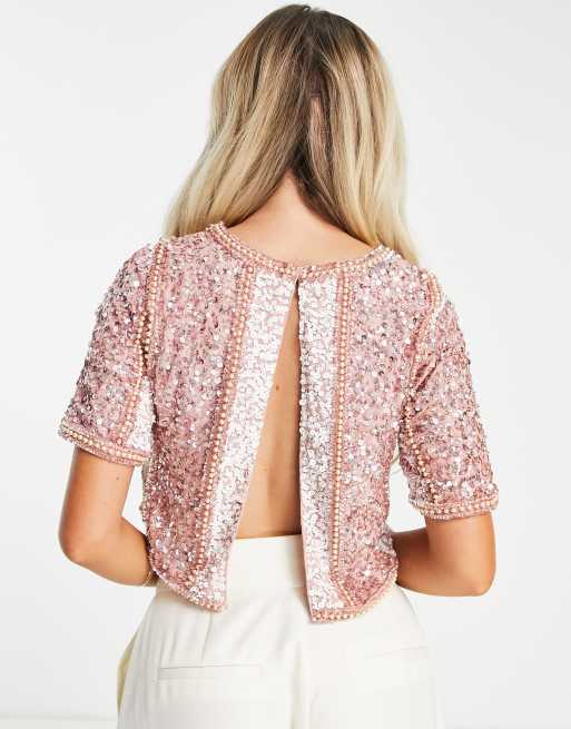 Top de dama de honor corto rosa escarcha con adornos de Beauut Petite, 2 de 4