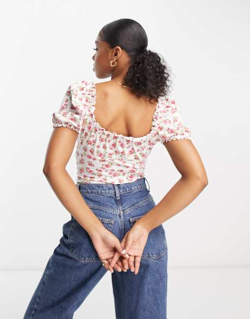 Top de estilo mesonera con estampado floral y cordones de Miss Selfridge , 2 de 4