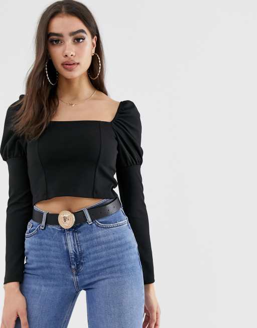 Top de manga larga con cuello cuadrado y abullonada en negro ASOS DESIGN | ASOS