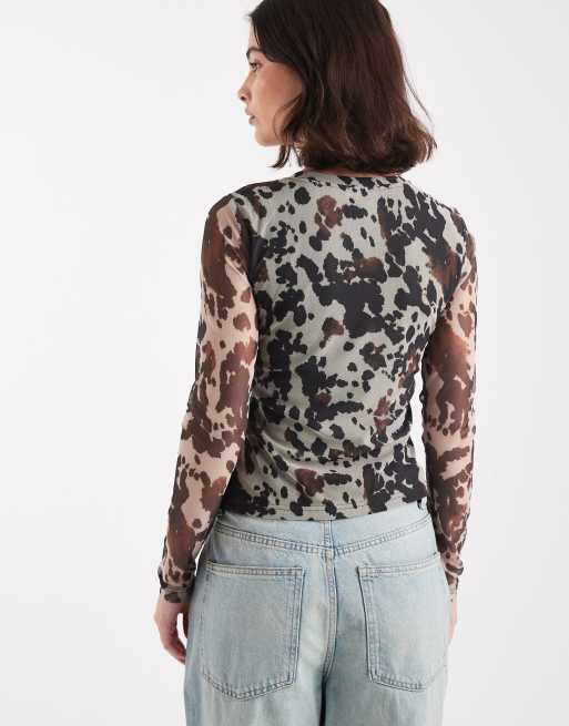 Top de manga larga con estampado de vaca de malla de ONLY, 3 de 4