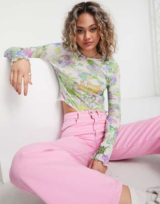 Top de manga larga con estampado integral de flores de malla de algodón Sena de Weekday - WHITE