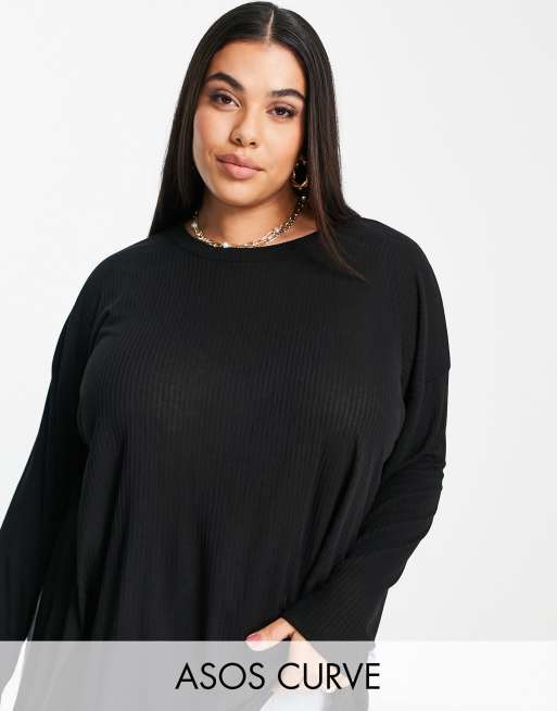 Top de manga larga de canalé sencillo con aberturas laterales en negro de ASOS DESIGN Curve