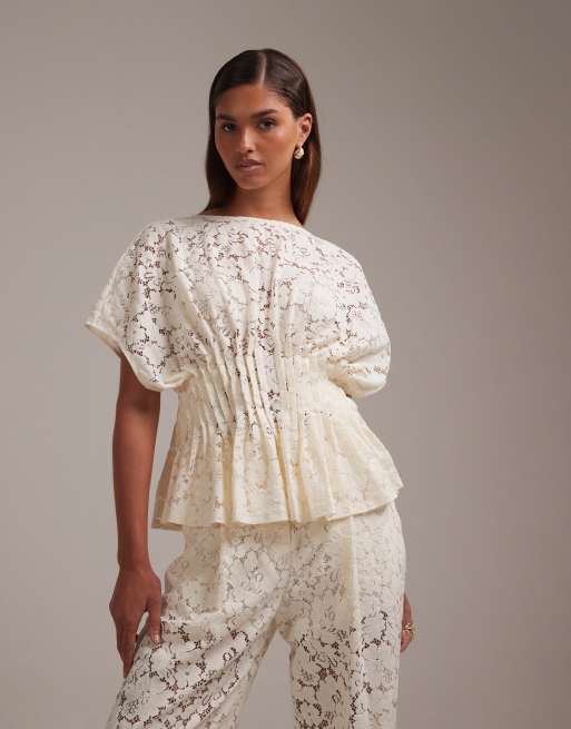 Top de novia color crema de manga corta de encaje de ASOS DESIGN (parte de un conjunto), 4 de 5