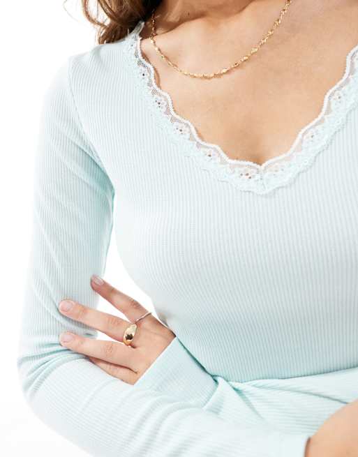 Top de pijama azul bruma de manga larga con ribete de encaje de Cotton On, 3 de 4