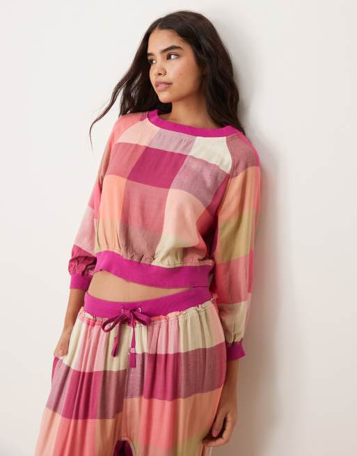 Top de pijama rosa a cuadros escoceses multicolores de franela de Free People (parte de un conjunto)