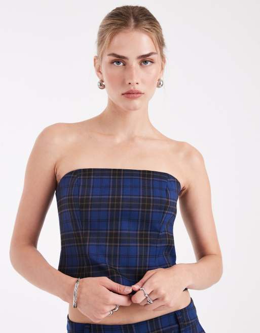 Top de sastre azul a cuadros con escote palabra de honor de ASOS DESIGN (parte de un conjunto), 3 de 4