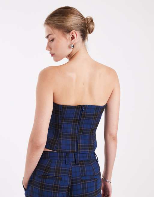 Top de sastre azul a cuadros con escote palabra de honor de ASOS DESIGN (parte de un conjunto), 4 de 4