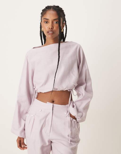 Top de sastre lila con detalle de perla de tejido efecto lino de ASOS DESIGN (parte de un conjunto)