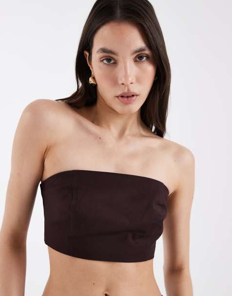 Top de sastre marrón chocolate con escote palabra de honor de ASOS DESIGN (parte de un conjunto) - view 1