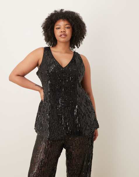Top de sastre negro con cuello de pico, sobrefalda y cintura entallada de lentejuelas de ASOS DESIGN Curve - view 1