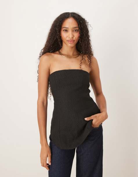 Top de sastre negro con escote palabra de honor, sobrefalda y bajo redondeado de bouclé de ASOS DESIGN (parte de un conjunto) - view 1