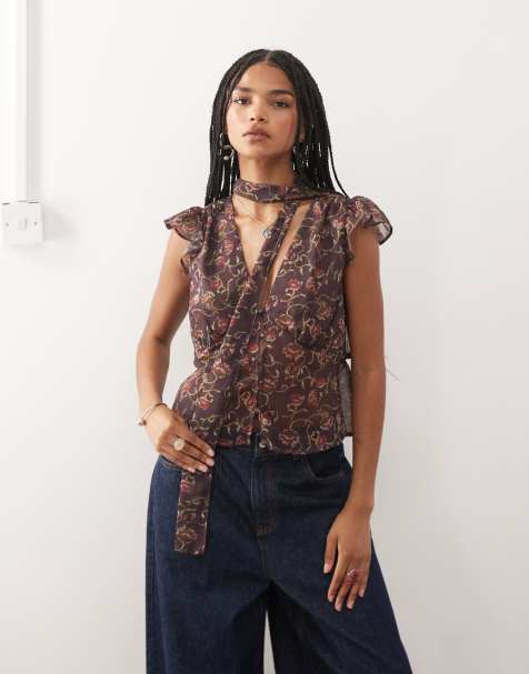 Top de tarde color ciruela con estampado de cachemir, mangas fluidas y fular al cuello de Reclaimed Vintage - view 1