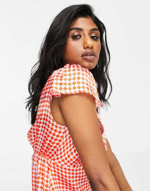 Top de tarde rosa y rojo con mangas ángel y estampado hexagonal de satén de Topshop, 3 de 4