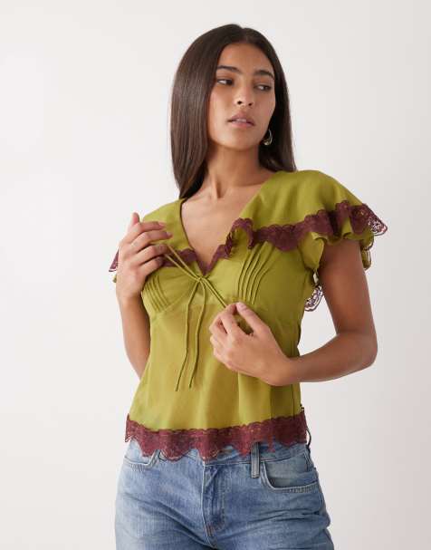 Top de tarde verde con solapas de chifón de Reclaimed Vintage - view 1