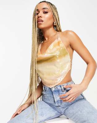 Top de tirantes color melocotón degradado con lazada en la espalda y cuello desbocado de lentejuelas de ASOS DESIGN