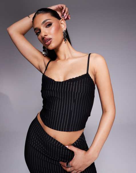 Top de tirantes con raya diplomática y ribete de encaje de ASOS DESIGN (parte de un conjunto) - view 1