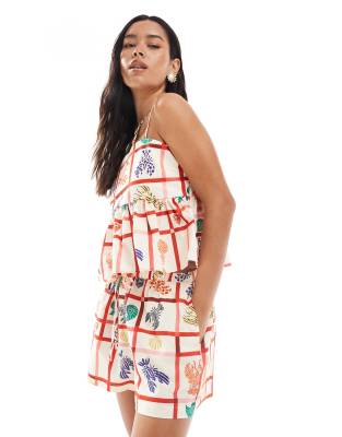 Top de tirantes estilo babydoll con estampado de langostas de mezcla de lino de Miss Selfridge (parte de un conjunto) - view 1