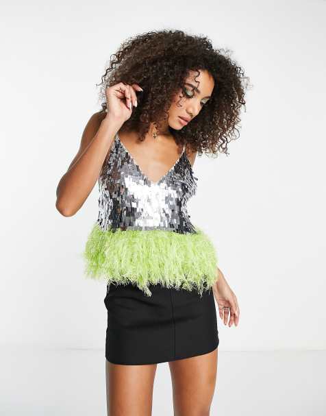 Top de tirantes para festivales con lentejuelas y bajo de plumas sintéticas de ASOS DESIGN - view 1
