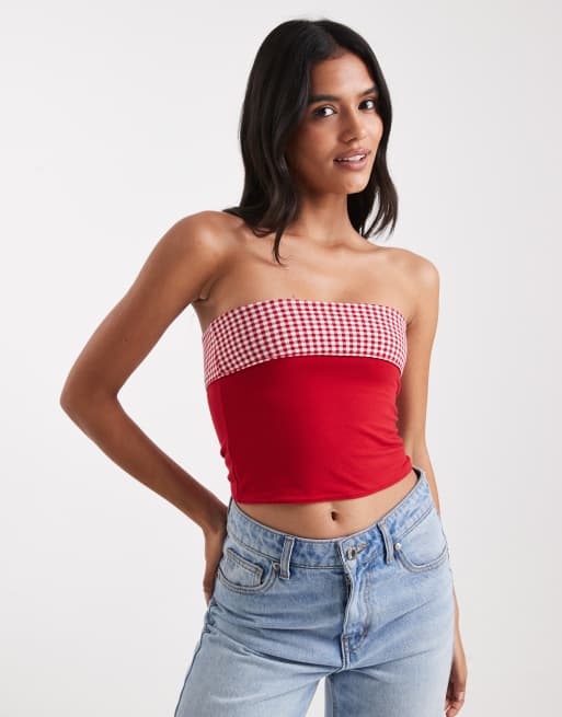 Top de tubo a cuadros vichy rojos reversible con diseño plegable de Hollister