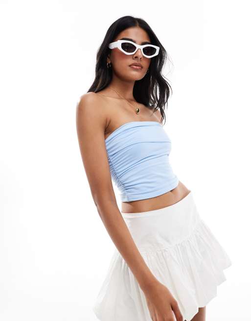 Top de tubo azul claro fruncido sin costuras de Hollister