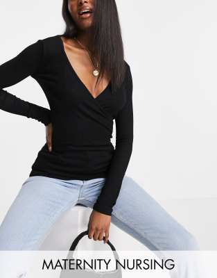 Топы для беременных Топ для кормления в рубчик с запахом ASOS DESIGN Maternity-Черный цвет